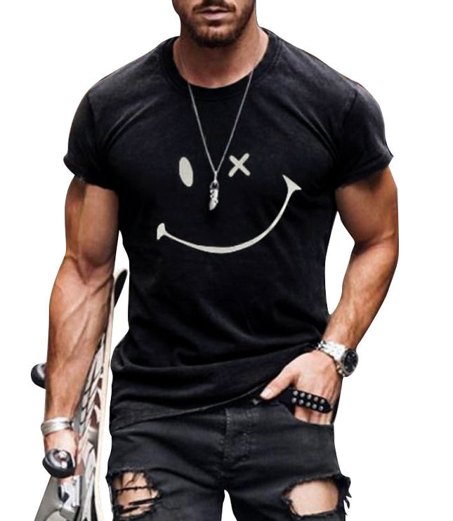 T-shirt d'été pour homme à manches courtes avec col rond et motif smiley