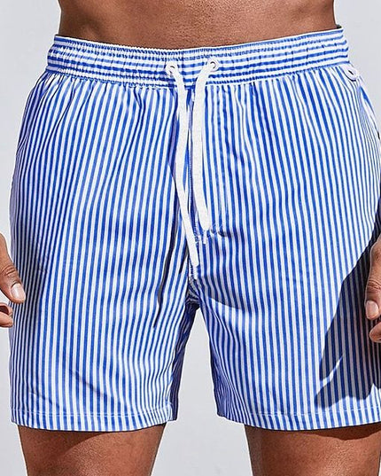 Pantalones cortos de baño de verano para hombre, a rayas, de secado rápido, con cordón  