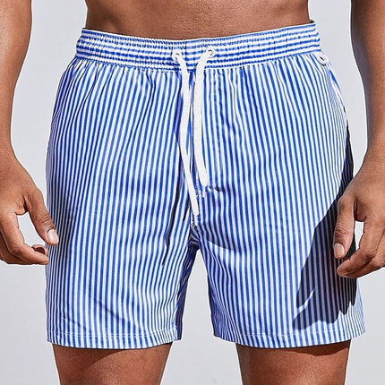 Pantalones cortos de baño de verano para hombre, a rayas, de secado rápido, con cordón  