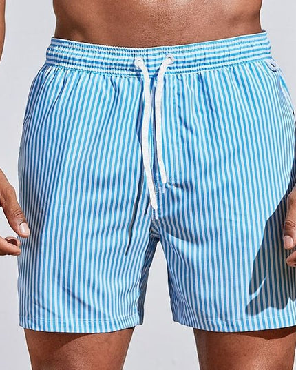 Pantalones cortos de baño de verano para hombre, a rayas, de secado rápido, con cordón  
