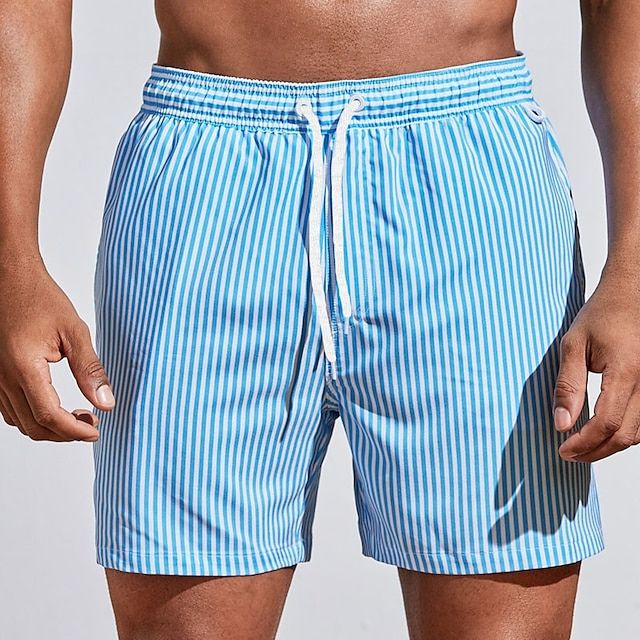 Pantalones cortos de baño de verano para hombre, a rayas, de secado rápido, con cordón  
