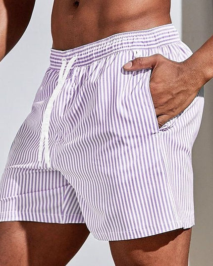 Pantalones cortos de baño de verano para hombre, a rayas, de secado rápido, con cordón  