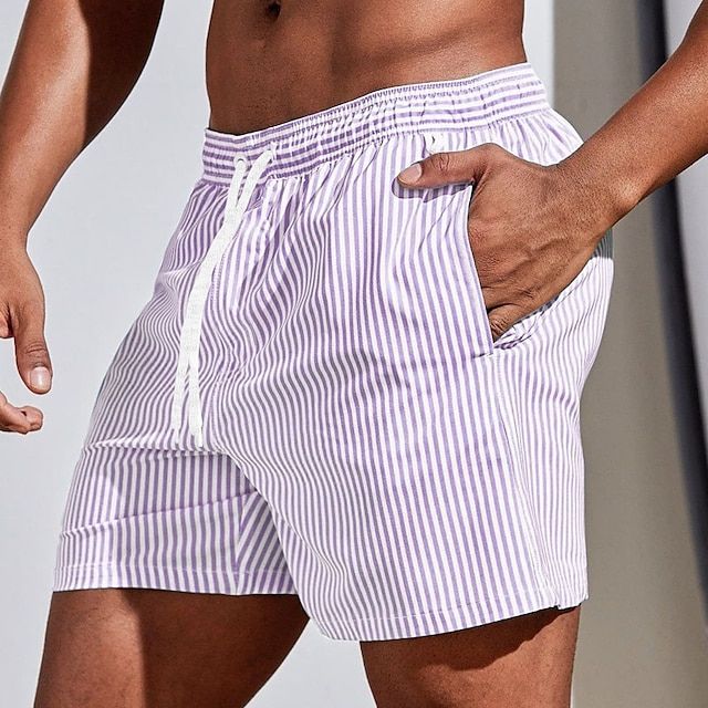 Pantalones cortos de baño de verano para hombre, a rayas, de secado rápido, con cordón  