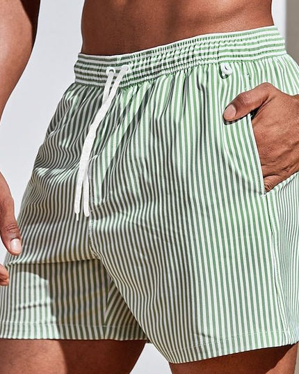 Pantalones cortos de baño de verano para hombre, a rayas, de secado rápido, con cordón  
