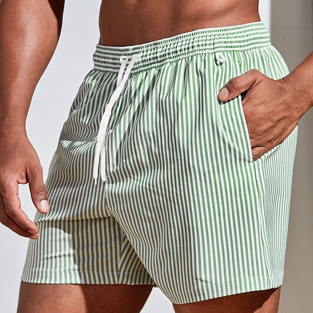 Pantalones cortos de baño de verano para hombre, a rayas, de secado rápido, con cordón  