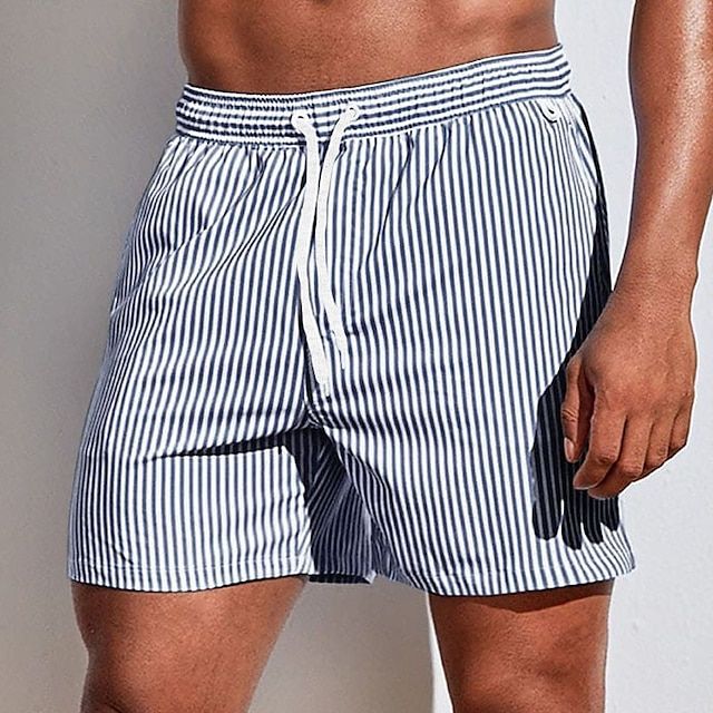 Pantalones cortos de baño de verano para hombre, a rayas, de secado rápido, con cordón  