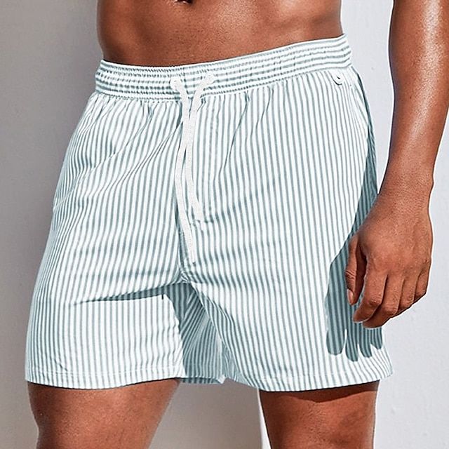Pantalones cortos de baño de verano para hombre, a rayas, de secado rápido, con cordón  