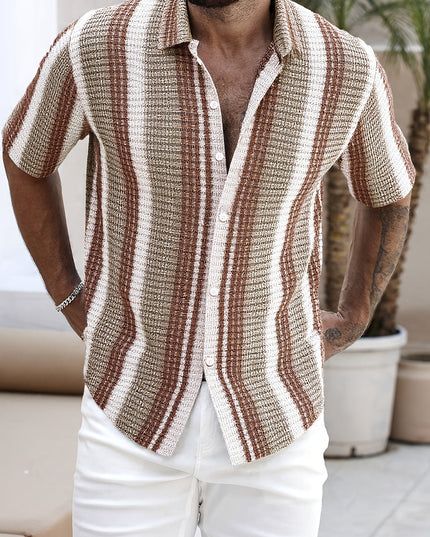 Camisa de verano para hombre con rayas, manga corta, botones y cuello campestre