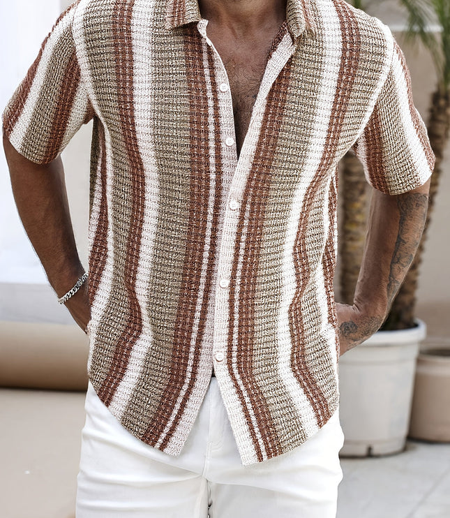 Camisa de verano para hombre con rayas, manga corta, botones y cuello campestre