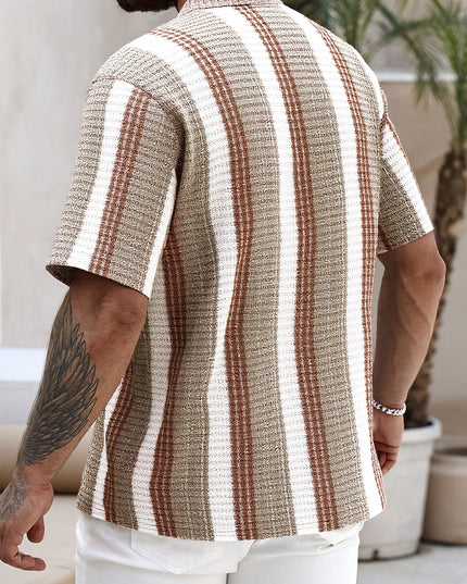 Camisa de verano para hombre con rayas, manga corta, botones y cuello campestre