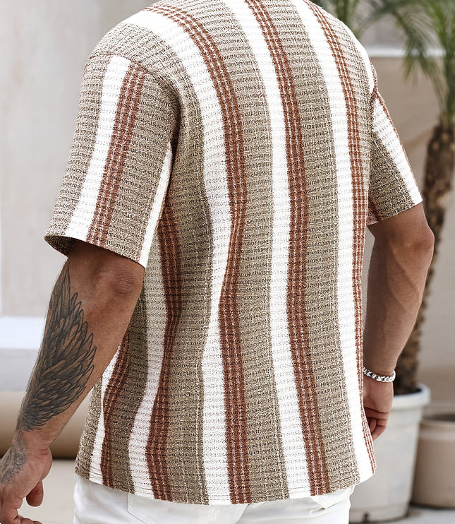 Camisa de verano para hombre con rayas, manga corta, botones y cuello campestre