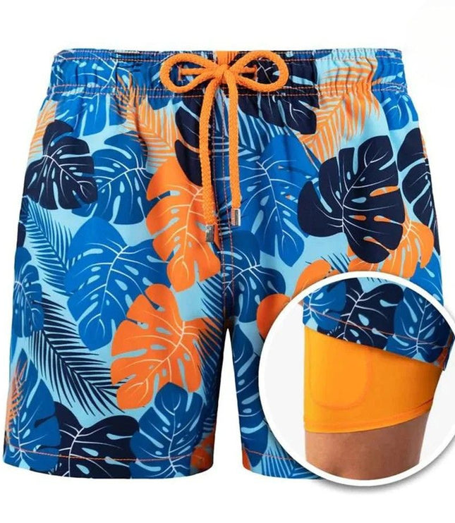 Pantalones cortos de baño de verano para hombre, con forro y cintura con cordón  