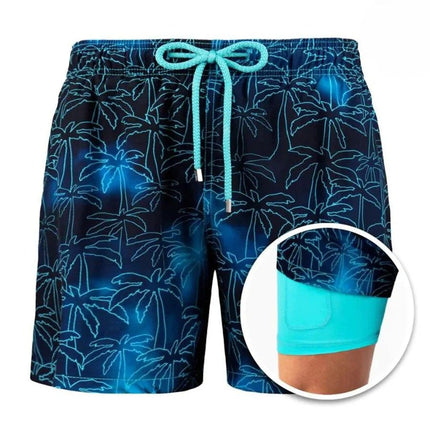 Pantalones cortos de baño de verano para hombre, con forro y cintura con cordón  