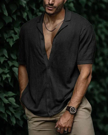 Chemise d'été pour homme à manches courtes avec col cubain texturé