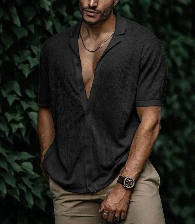 Chemise d'été pour homme à manches courtes avec col cubain texturé