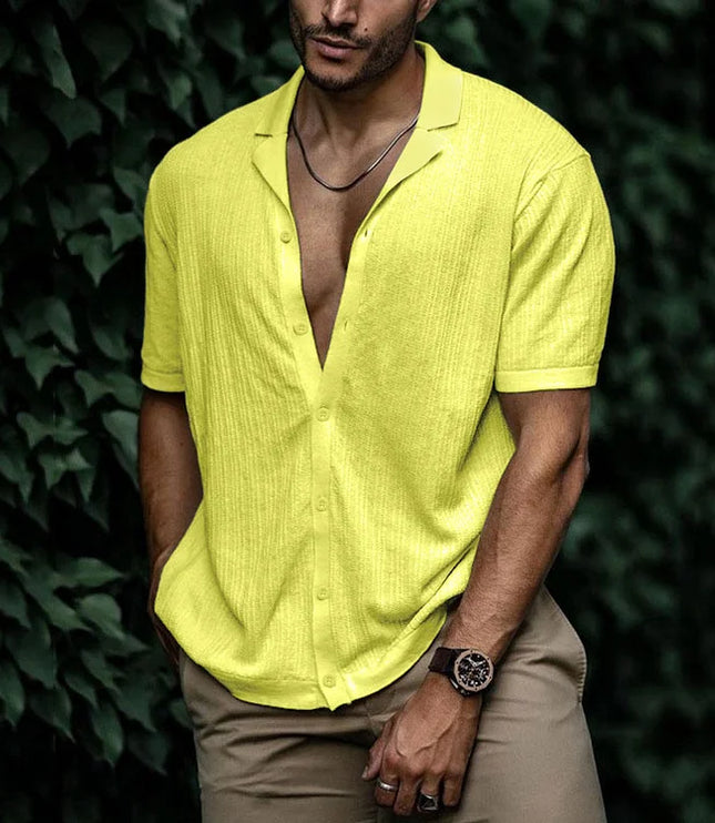 Chemise d'été pour homme à manches courtes avec col cubain texturé