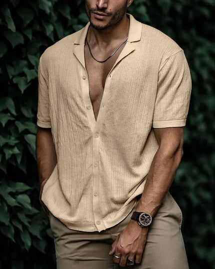 Chemise d'été pour homme à manches courtes avec col cubain texturé