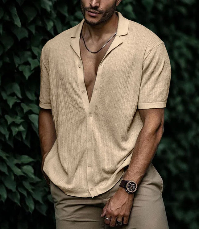 Chemise d'été pour homme à manches courtes avec col cubain texturé
