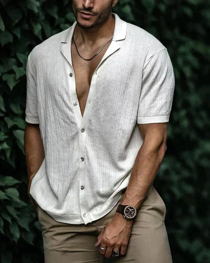 Chemise d'été pour homme à manches courtes avec col cubain texturé