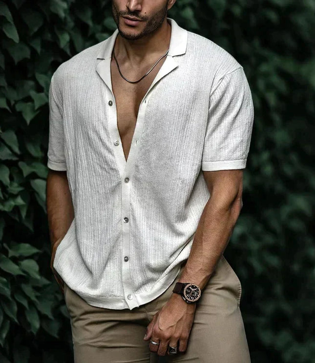 Chemise d'été pour homme à manches courtes avec col cubain texturé