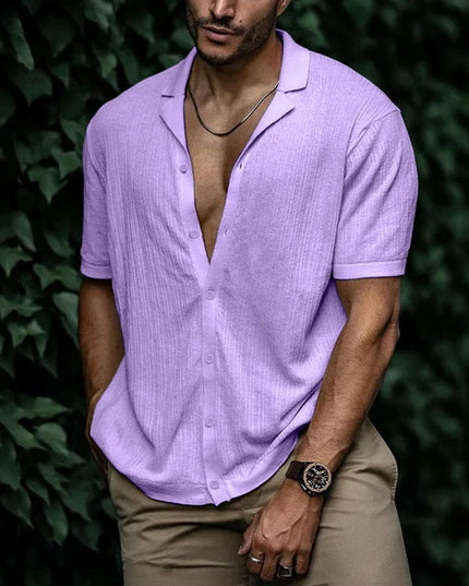 Chemise d'été pour homme à manches courtes avec col cubain texturé