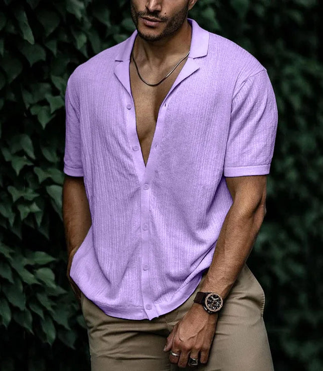 Chemise d'été pour homme à manches courtes avec col cubain texturé