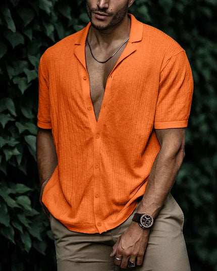 Chemise d'été pour homme à manches courtes avec col cubain texturé