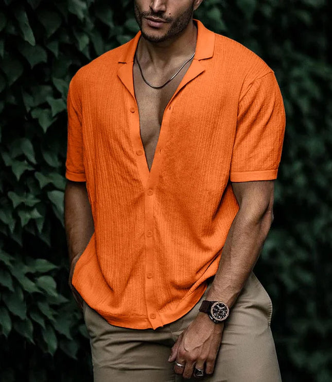 Chemise d'été pour homme à manches courtes avec col cubain texturé