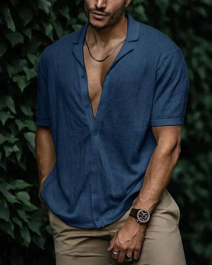 Chemise d'été pour homme à manches courtes avec col cubain texturé