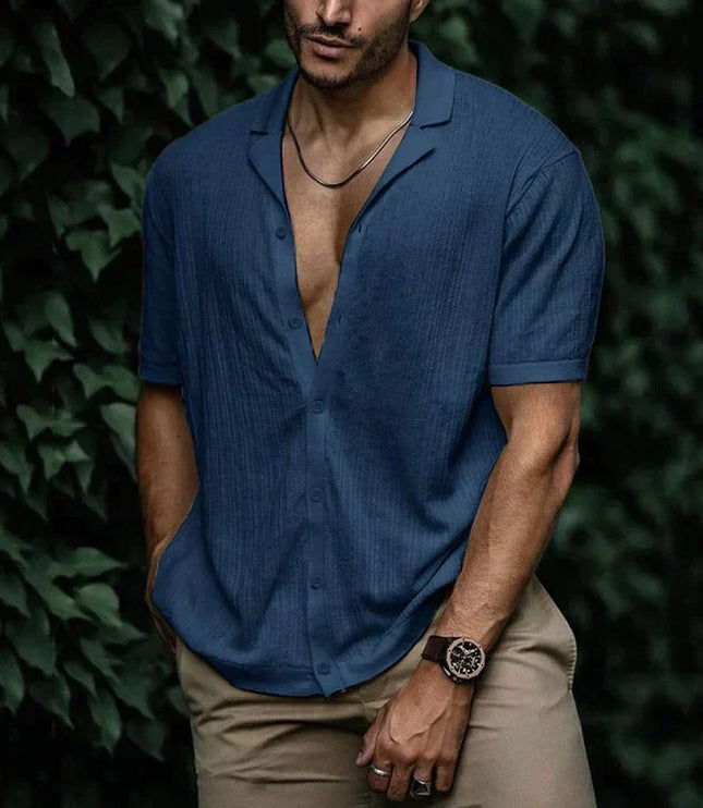 Chemise d'été pour homme à manches courtes avec col cubain texturé