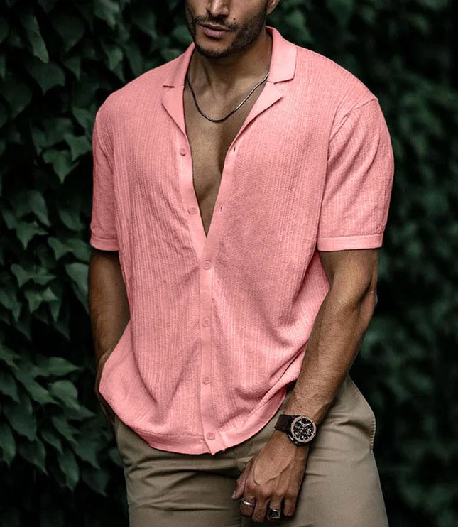 Chemise d'été pour homme à manches courtes avec col cubain texturé