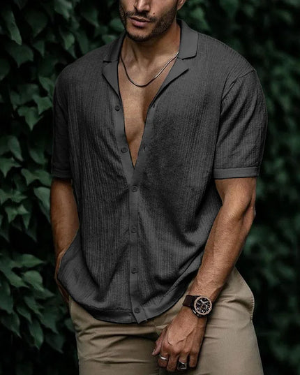 Chemise d'été pour homme à manches courtes avec col cubain texturé