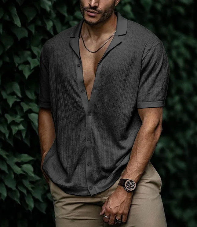 Chemise d'été pour homme à manches courtes avec col cubain texturé