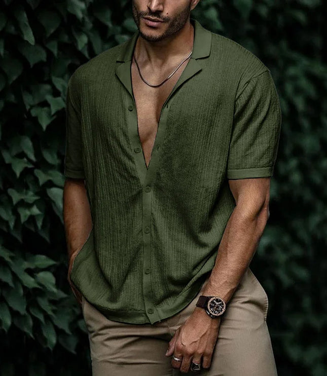 Chemise d'été pour homme à manches courtes avec col cubain texturé