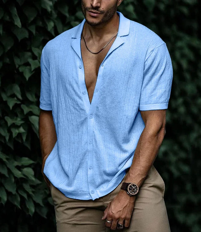 Chemise d'été pour homme à manches courtes avec col cubain texturé