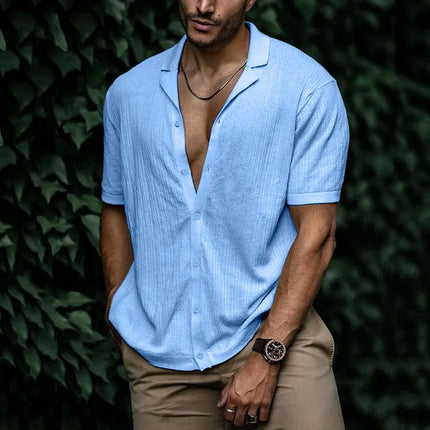 Chemise d'été pour homme à manches courtes avec col cubain texturé