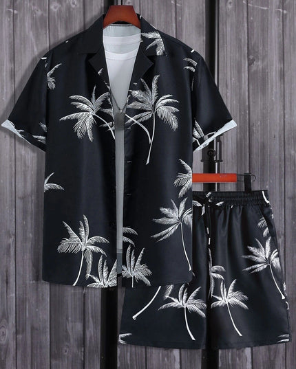 Conjunto de verano para hombre, dos piezas, camisa de manga corta con estampado tropical de palmeras y pantalones cortos