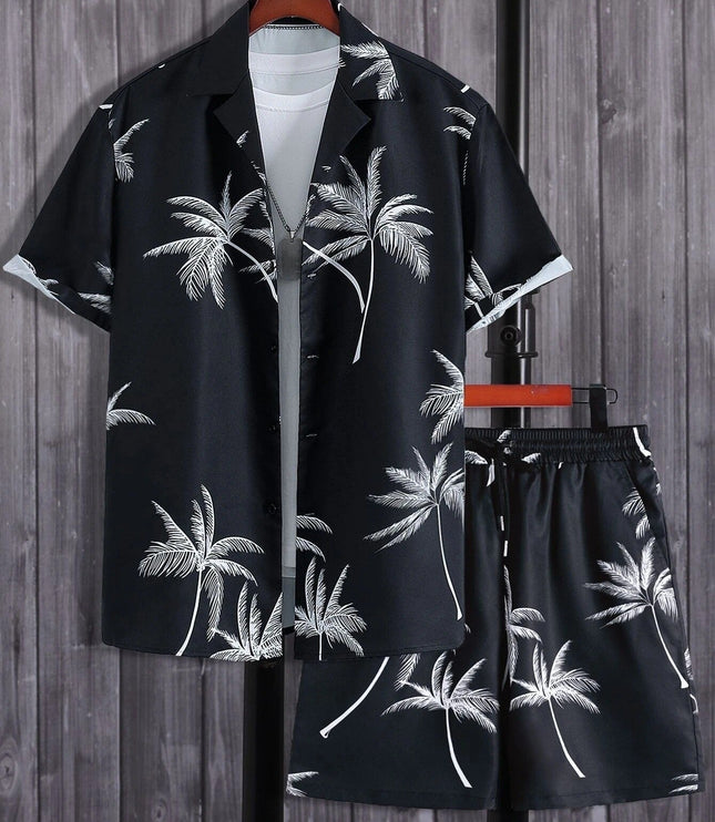 Conjunto de verano para hombre, dos piezas, camisa de manga corta con estampado tropical de palmeras y pantalones cortos