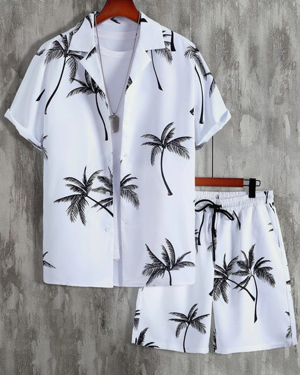 Conjunto de verano para hombre, dos piezas, camisa de manga corta con estampado tropical de palmeras y pantalones cortos