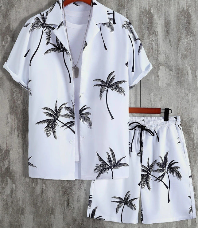 Conjunto de verano para hombre, dos piezas, camisa de manga corta con estampado tropical de palmeras y pantalones cortos