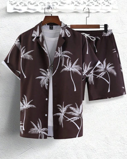 Conjunto de verano para hombre, dos piezas, camisa de manga corta con estampado tropical de palmeras y pantalones cortos