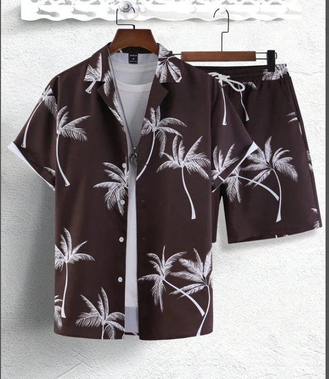 Conjunto de verano para hombre, dos piezas, camisa de manga corta con estampado tropical de palmeras y pantalones cortos