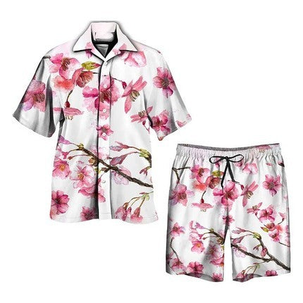 Conjunto de verano para hombre, dos piezas, camisa de manga corta con estampado tropical de palmeras y pantalones cortos