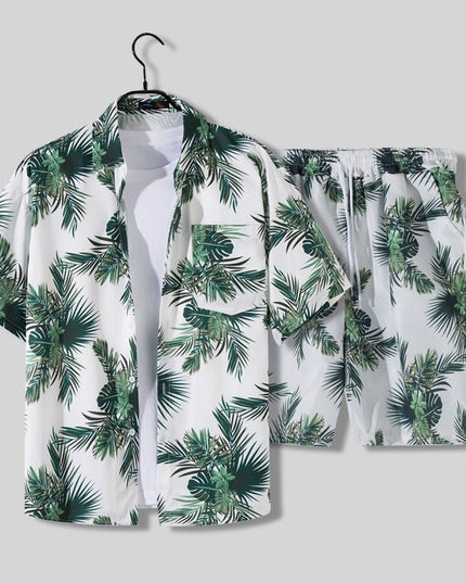 Conjunto de verano para hombre, dos piezas, camisa de manga corta con estampado tropical de palmeras y pantalones cortos