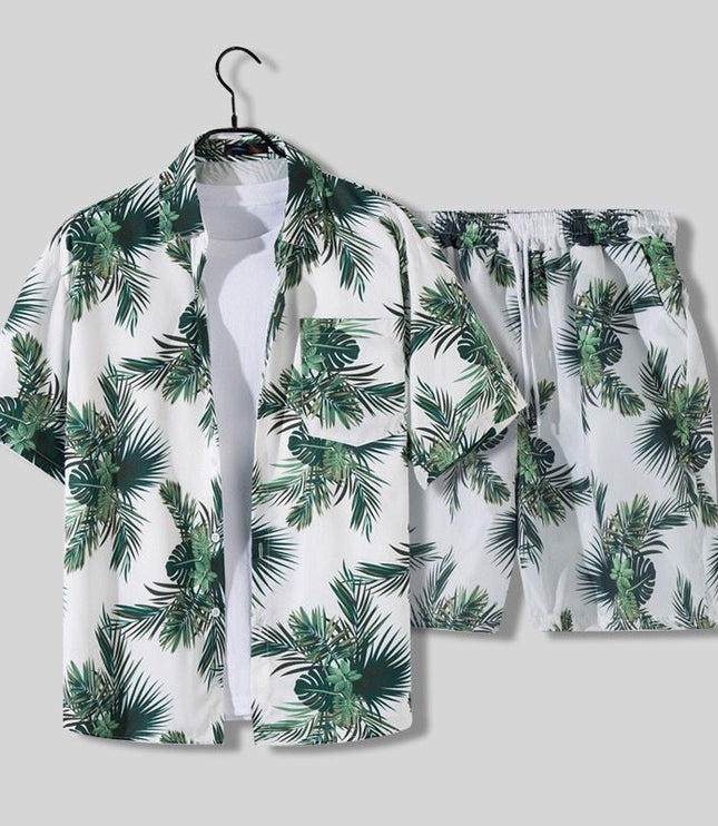 Conjunto de verano para hombre, dos piezas, camisa de manga corta con estampado tropical de palmeras y pantalones cortos