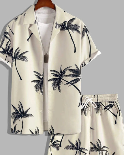 Conjunto de verano para hombre, dos piezas, camisa de manga corta con estampado tropical de palmeras y pantalones cortos