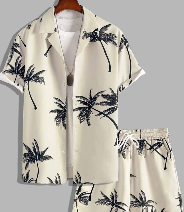 Conjunto de verano para hombre, dos piezas, camisa de manga corta con estampado tropical de palmeras y pantalones cortos