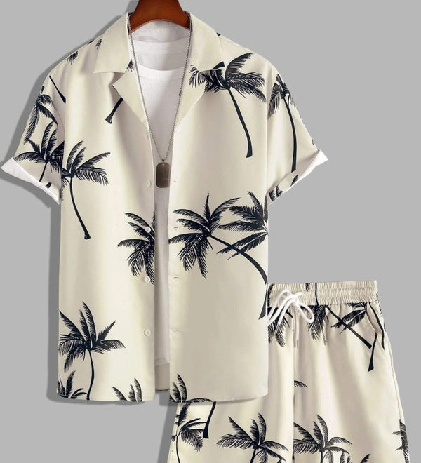 Men's Summer Tropical Palm Print Short Sleeve Shirt Shorts Set