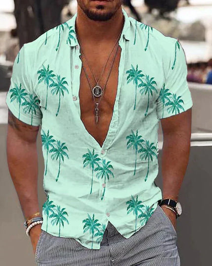 Camisa de hombre de verano con estampado tropical de manga corta y botones