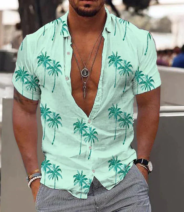 Camisa de hombre de verano con estampado tropical de manga corta y botones